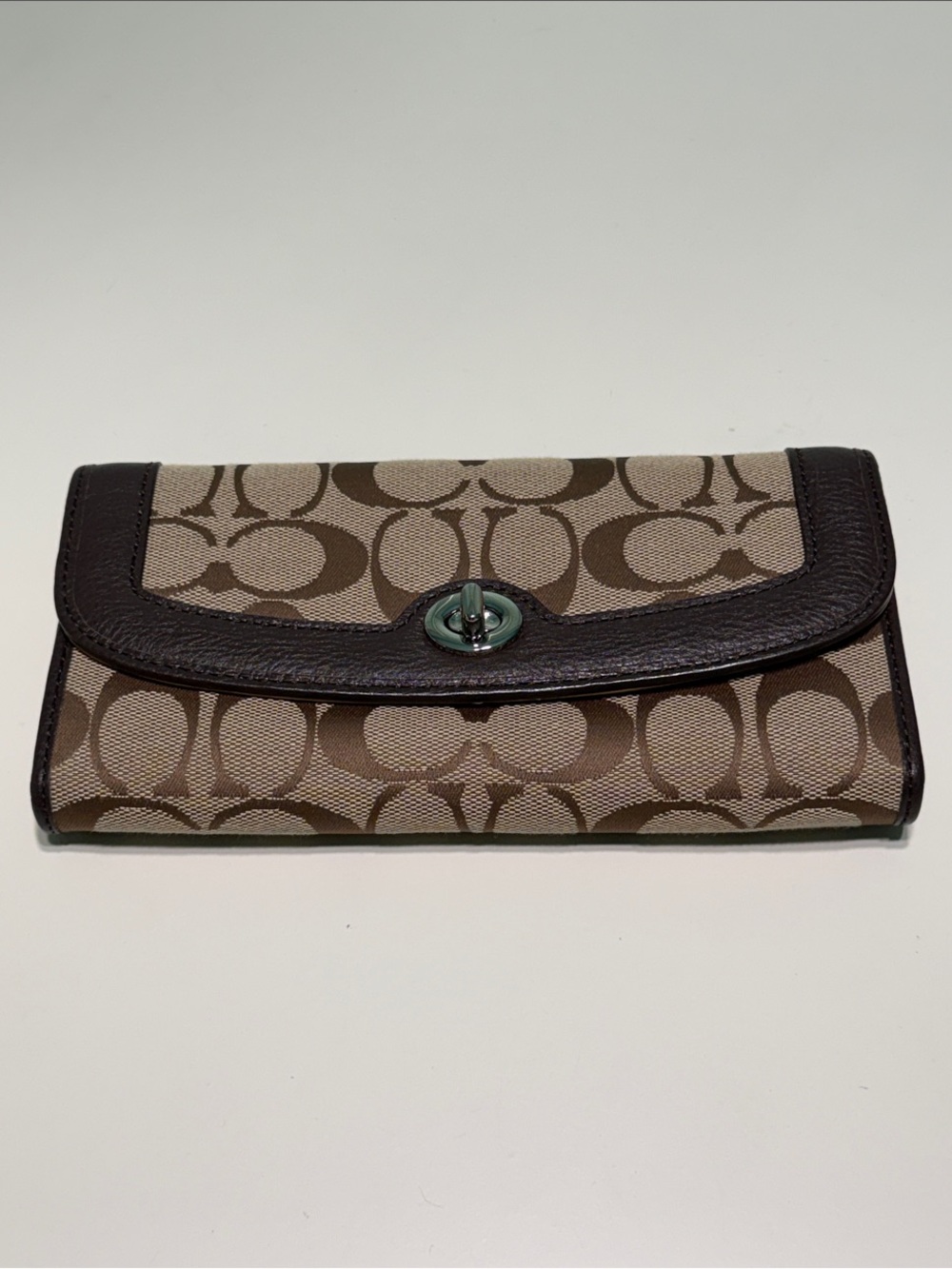 Coach Signature Canvas Turnlock Wallet in Tan and Chocolate Leather